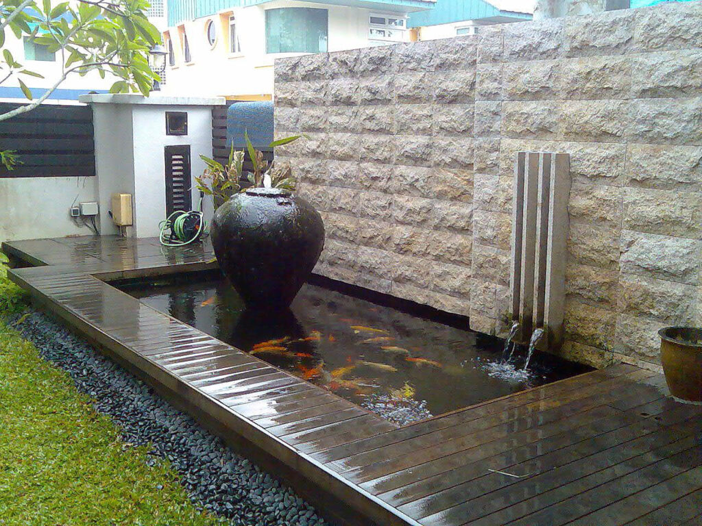 Modern-Backyard-Koi-Pond-Water-Feature-Deck