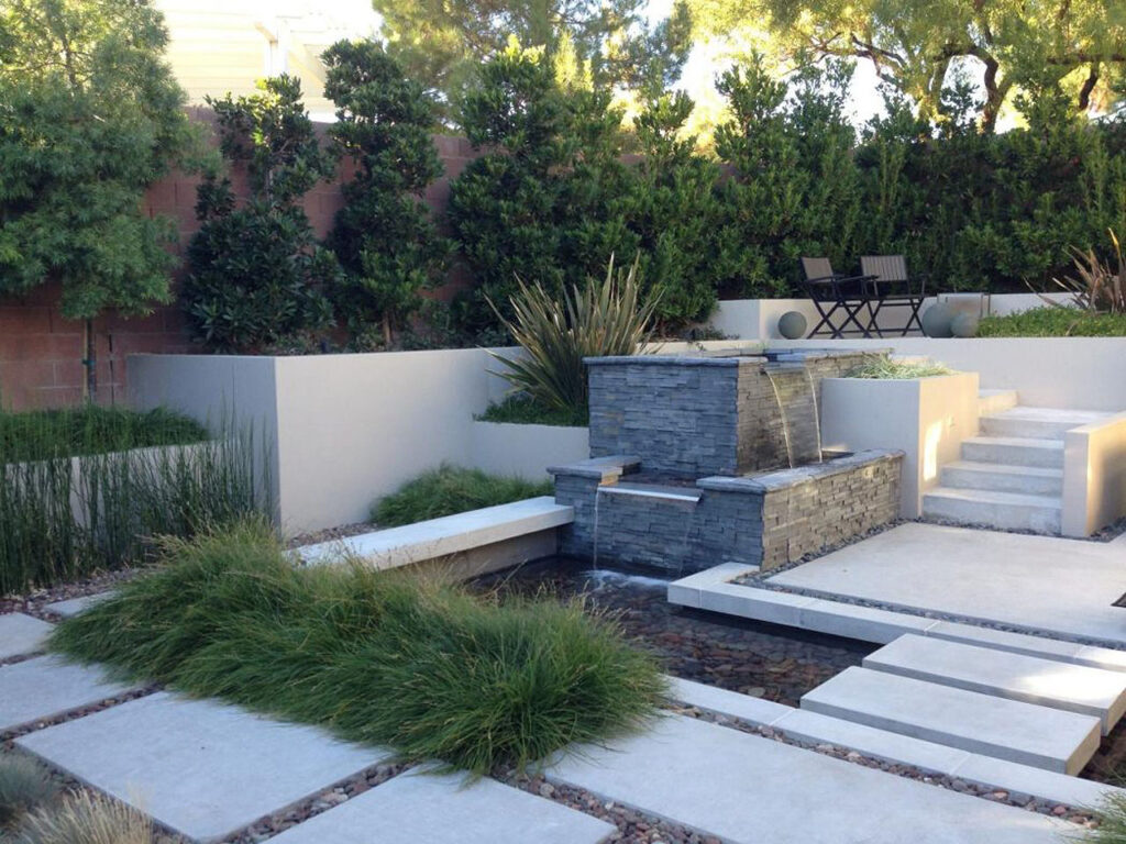 Modern-Backyard-Landscaping-Designs-Raised-Planter-Water-Feature-Paving