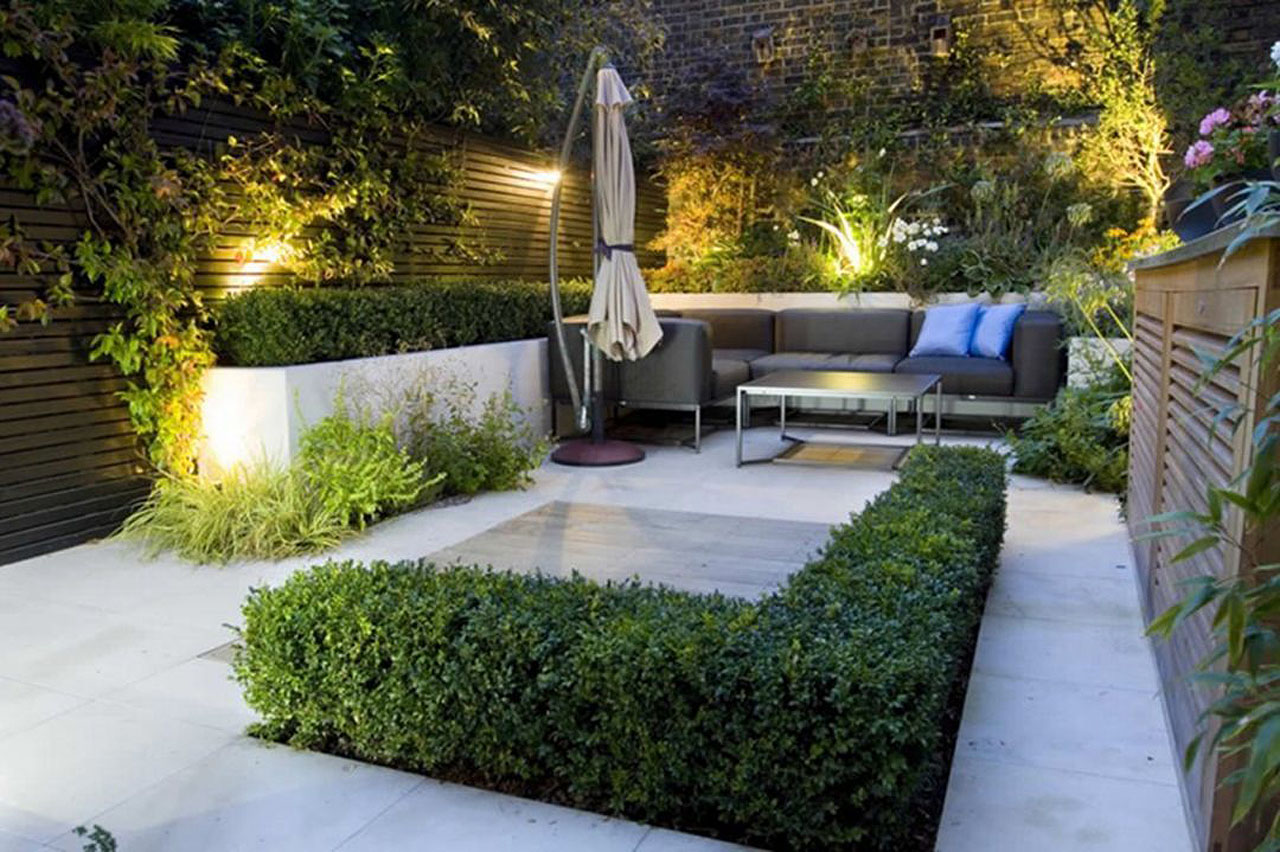 Modern-Backyard-Small-Garden-Design-White-Paving-Raised-Planter-Box-Corner-Sofa