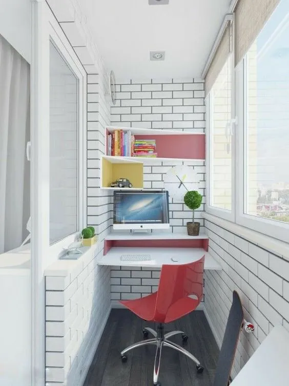 Ultra Compact Balcony Tiny Work Space Red Chair Bright Coloured Shelves