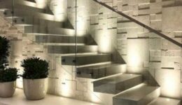 With stone steps, glass balustrade, LED lights and textured wall