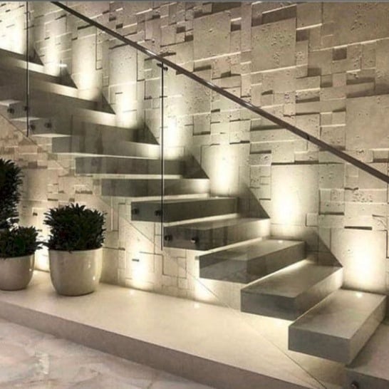 With stone steps, glass balustrade, LED lights and textured wall