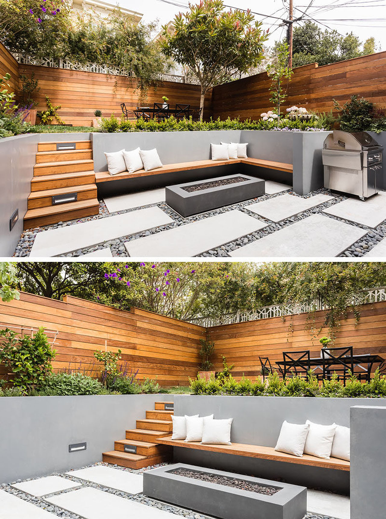 Modern-Backyard-multi-level-landscaping-bench-fireplace-steps