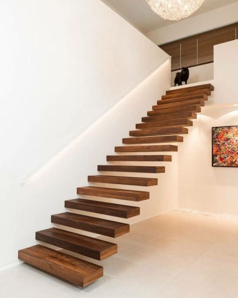 Wooden floating steps in darker wood tone