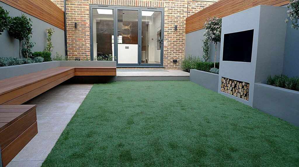 Modern-Small-Backyard-Design-long-garden-fake-grass-raised-bench-fireplace