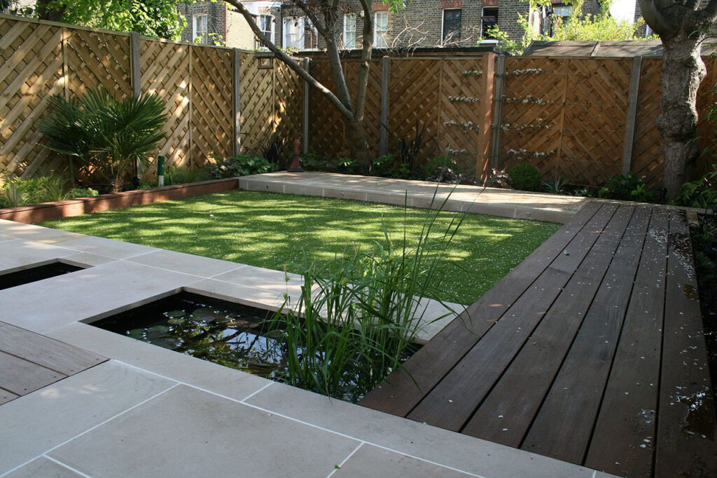 Modern-Backyard-Garden-Designs-Elegant-Look-Paved-Decked-Waterpond-Fake-Lawn