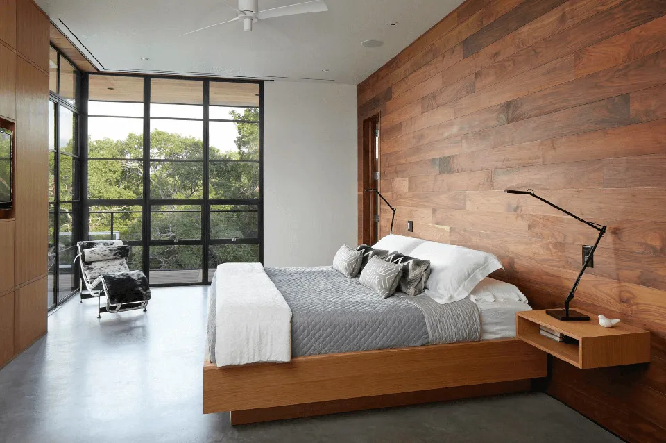 Wooden Bedroom Feature Wall with Floating Side Tables
