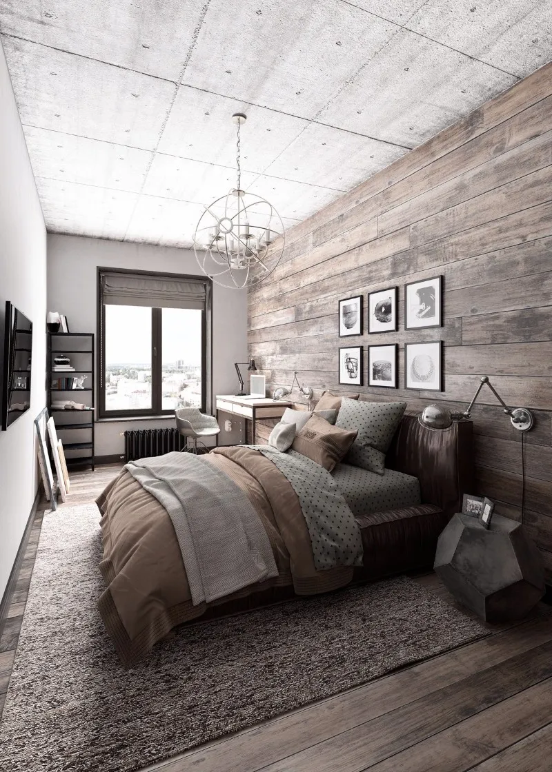 Glamorous brown master bedroom design with brown tones and beautiful geometric bedside table
