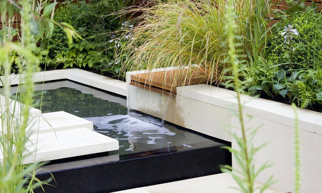 modern-backyard-garden-water-features-white-and-black-tiles