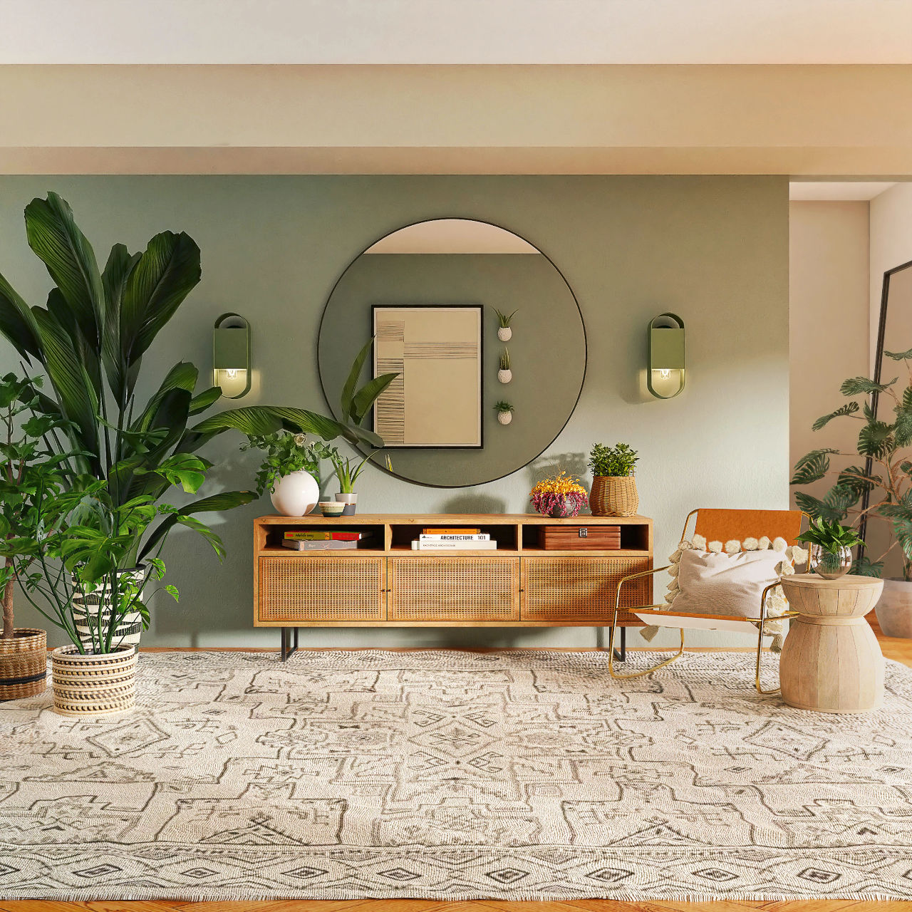 Pale Green Feature Wall to Complement Indoor Plants and Natural Tones