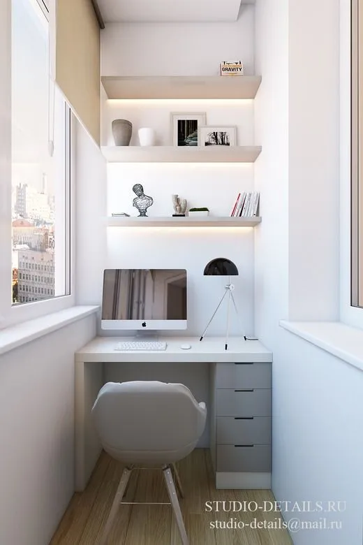 Ultra Compact Balcony Work Desk Floating Shelves and Desk with Storage Drawers.