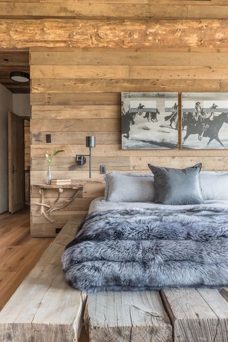 Mix of rustic and modern, with reused wood and a charming bedside table