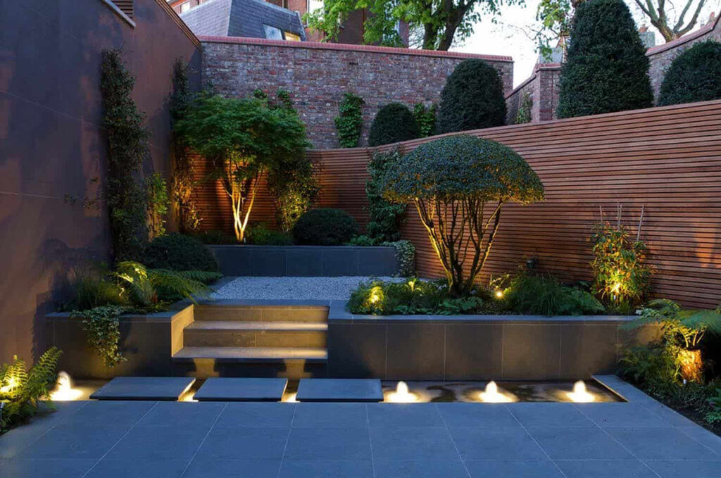 Modern-Outdoor-Terraced-Water-Feature-Raised-Planeter-Retaining-Wall