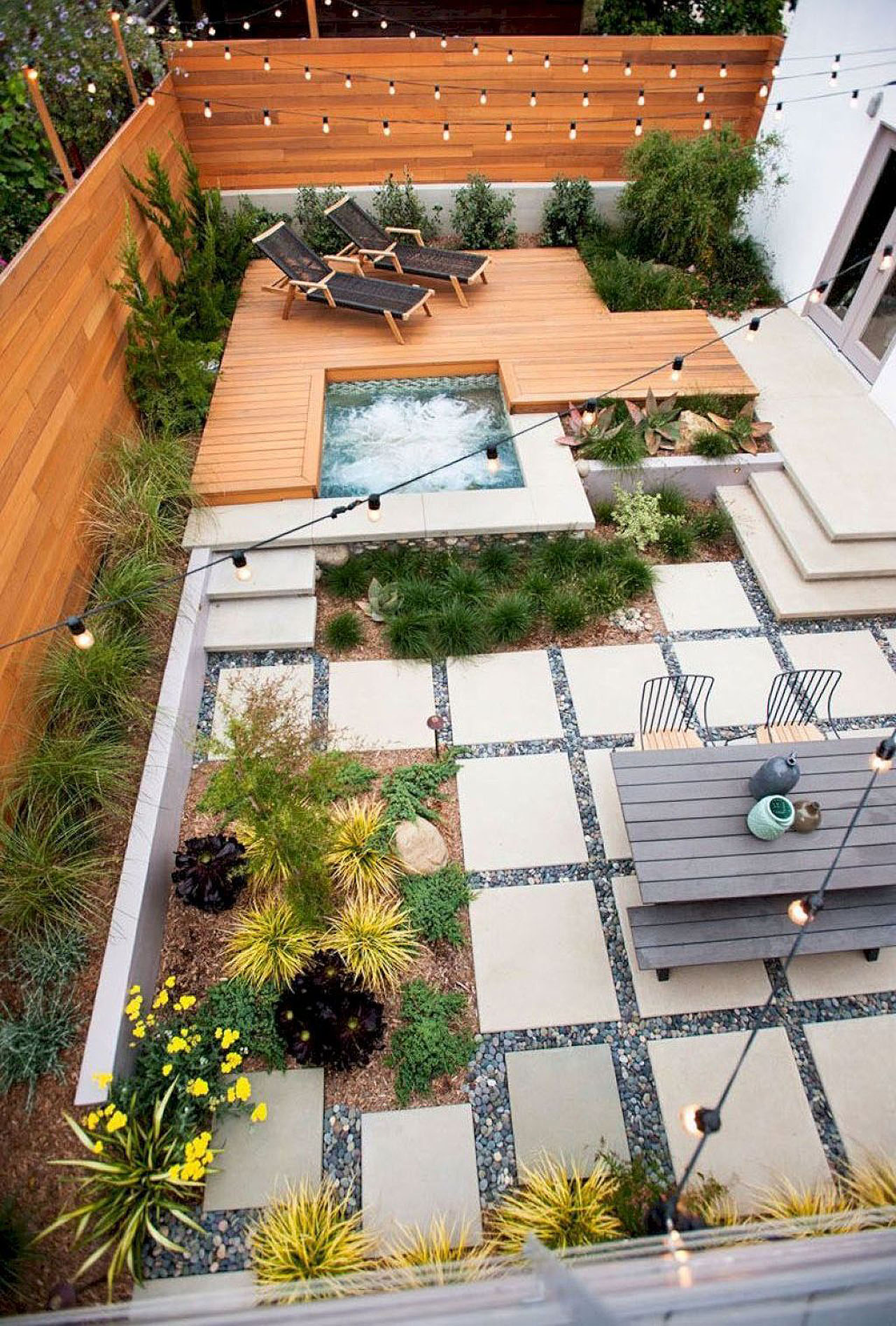 Modern-Backyard-Jacuzzi-Sun-Lounger-Dining-Planter-Paving-Steps
