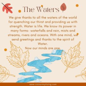 Image of an illustrated river. Words: We give thanks to all the waters of the world for quenching our thirst, providing us with strength, and nurturing life for all beings. Water is life. We know its power in many forms -- waterfalls and rain, mists and streams, rivers and oceans, snow and ice. We are grateful that the waters are still here and meeting their responsibility to bring life to all of Creation. With one mind, we send our greetings and our thanks to the spirit of Water. Now our minds are one.