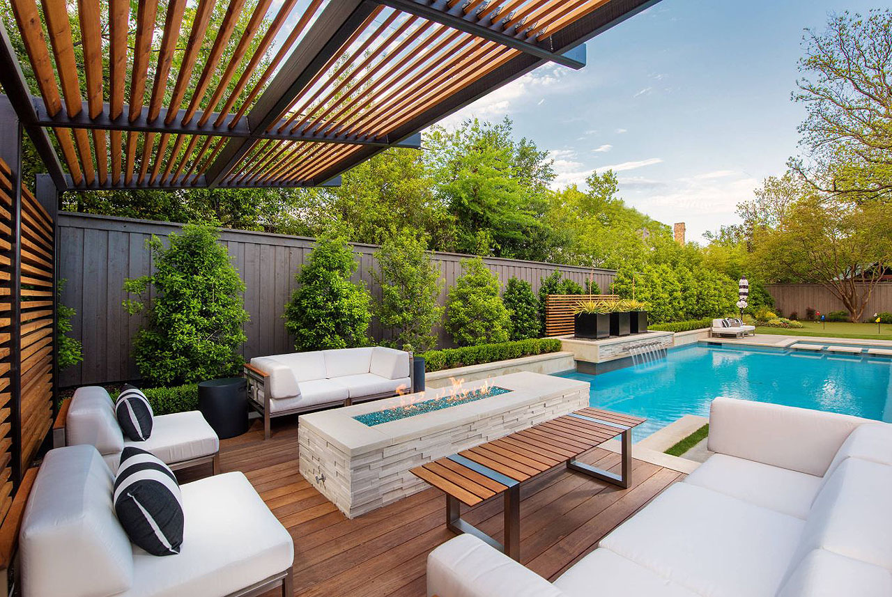 Modern-Backyard-Swimming-pool-pergola-design-small-fireplace-sofa