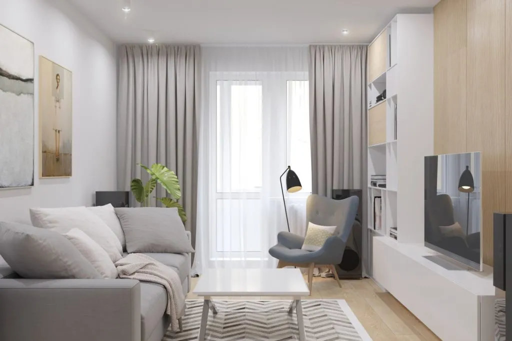 Living Room with Wood Effect Feature Wall and White Cabinet and Media Unit