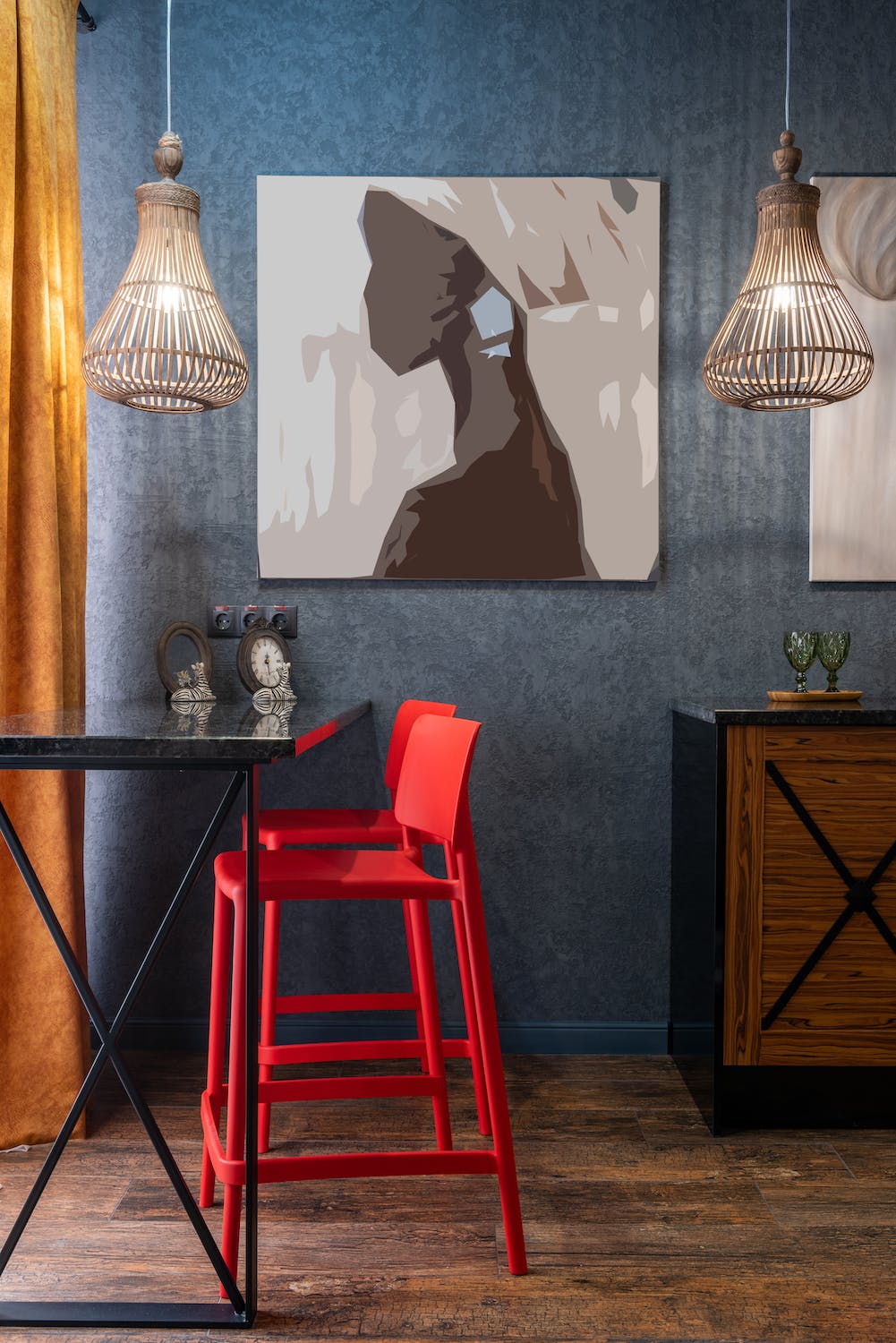Energising Colours Bold Red High Stools and Bold Blue Wallpaper Energising Colours Bold Red High Stools and Bold Blue Wallpaper