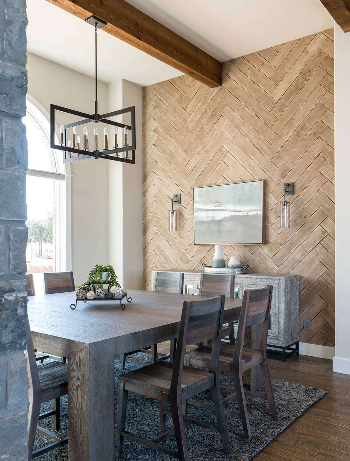 Chevron Herringbone modern rustic dining room lakehouse