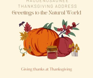 Image of squashes and a cork-topped jar with autumn leaves and mushrooms in the middle of the picture with the words Haudenosaunee Thanksgiving Address Greetings to the Natural World at the top and Giving Thanks at Thanksgiving and www.colourmyliving.com at the bottom