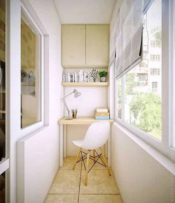 Ultra Compact Balcony Home Office White with Custom Table Shelf and Storage Wall Cabinet