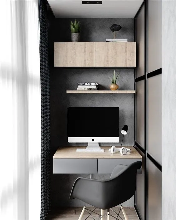 Compact Balcony Work Space Grey Feature Wall Custom Table with Drawers and Hanging Storage Cabinets