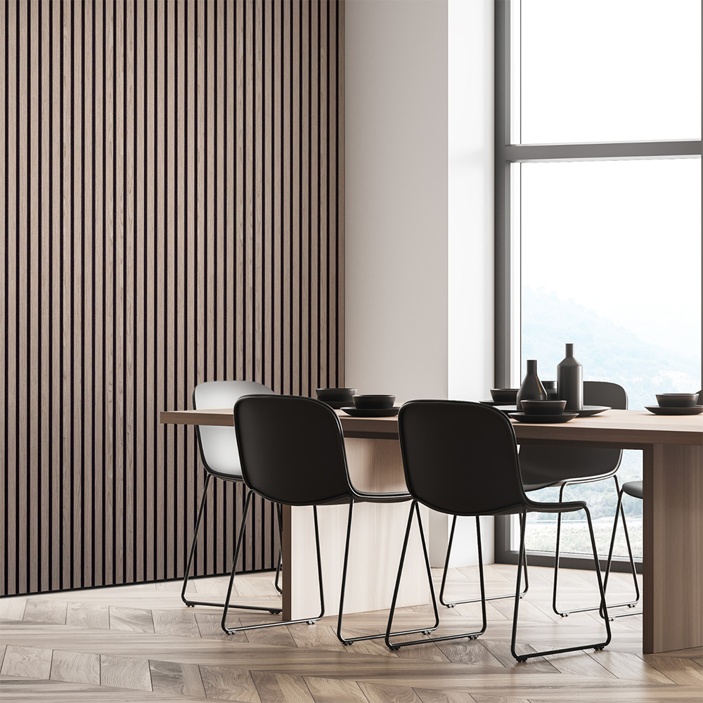 Vertical Wood Slat - Acoosti Silver Oak Wood Slat Wall Panels for a Modern Lifestlye Dining Room