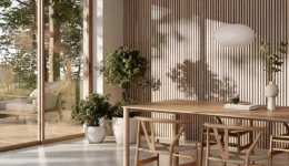 Vertical Wood Slat Modern Dining Using White Oak Wood Slat for Accent Wall