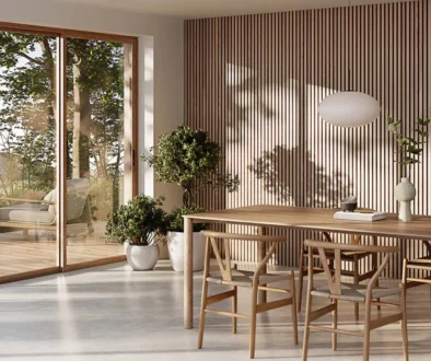 Vertical Wood Slat Modern Dining Using White Oak Wood Slat for Accent Wall