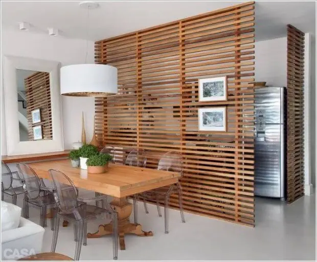 Horizontal Wood Slats Make Hanging Art Work Easy - Slatted Wood Accent Wall Serves as Divider