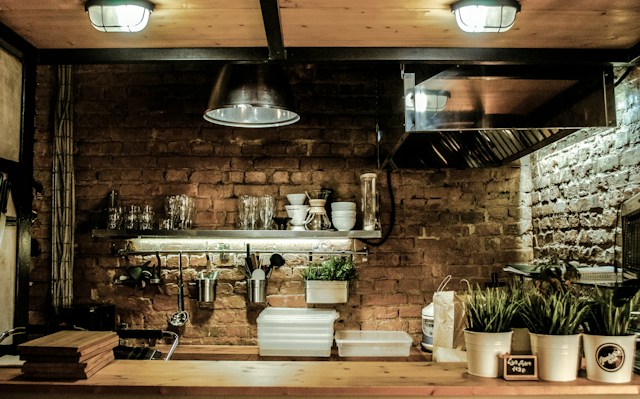 industrial hood in a rustic kitchen
