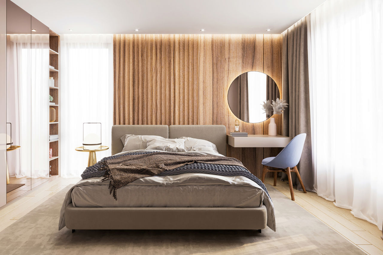 Modern bedroom interior with wooden panelling behind the bed. render