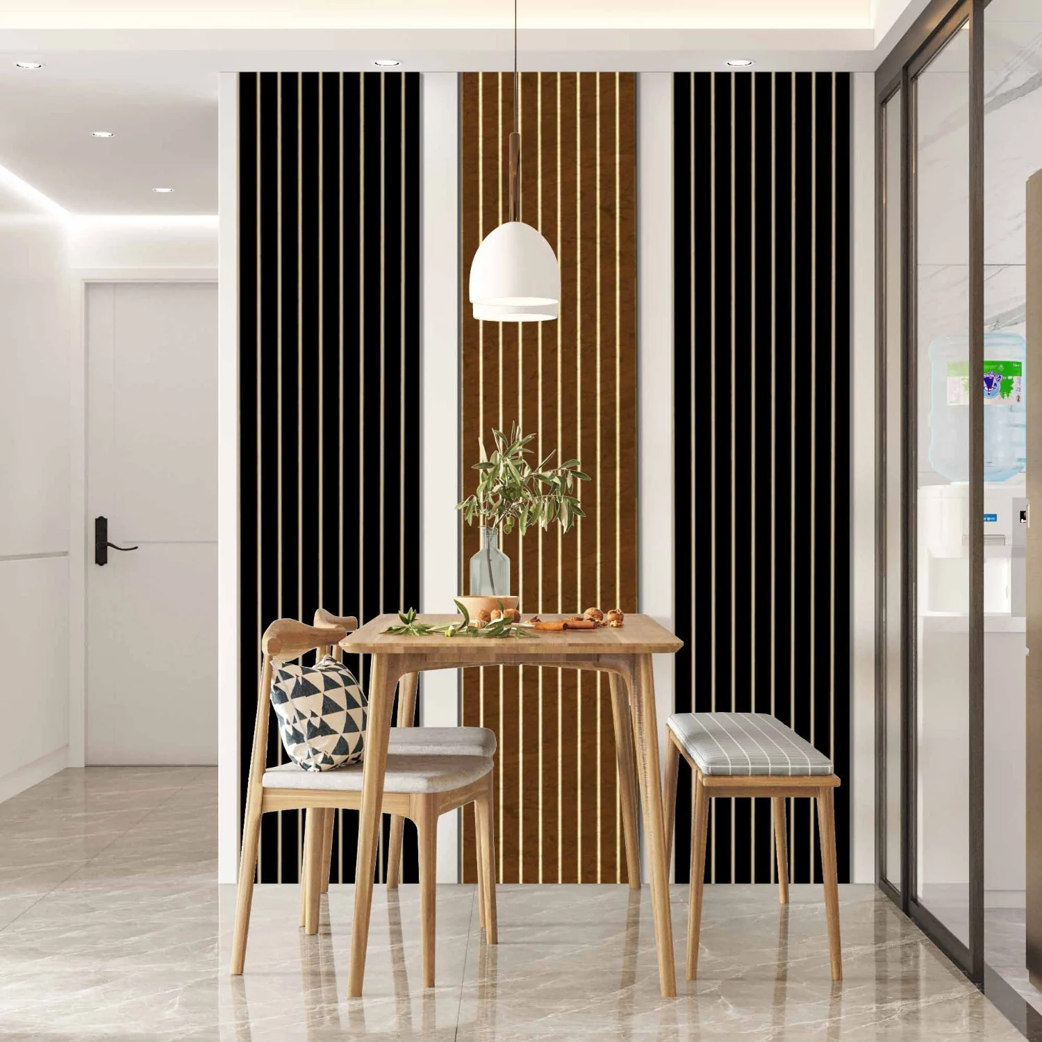 Mixed vertical wood slats for the dining room with exposed wall