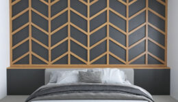 Wood Accent Bedroom Wall with Wood Frame and Black Chevron Design