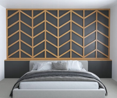 Wood Accent Bedroom Wall with Wood Frame and Black Chevron Design
