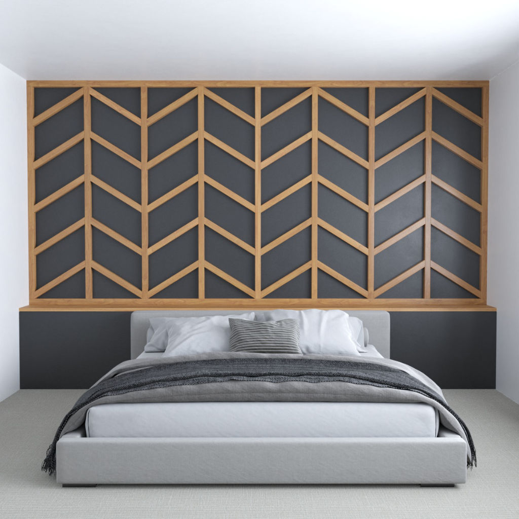Wood Accent Bedroom Wall with Wood Frame and Black Chevron Design