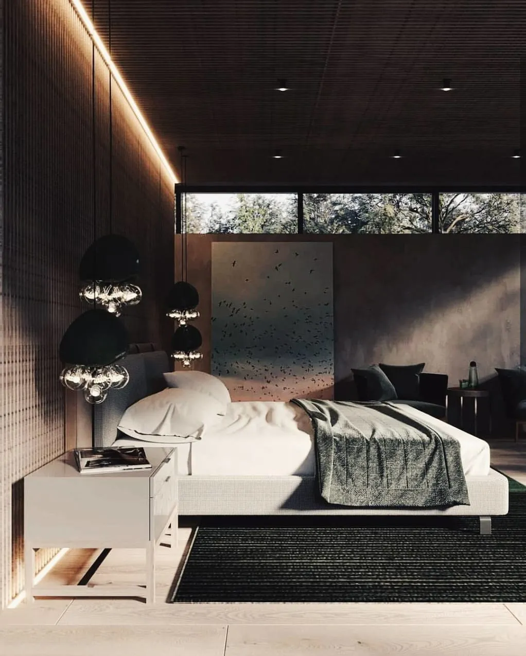 Strip-Wood-Accent-Dark-Bedroom-Modern-Bulbous-Lights