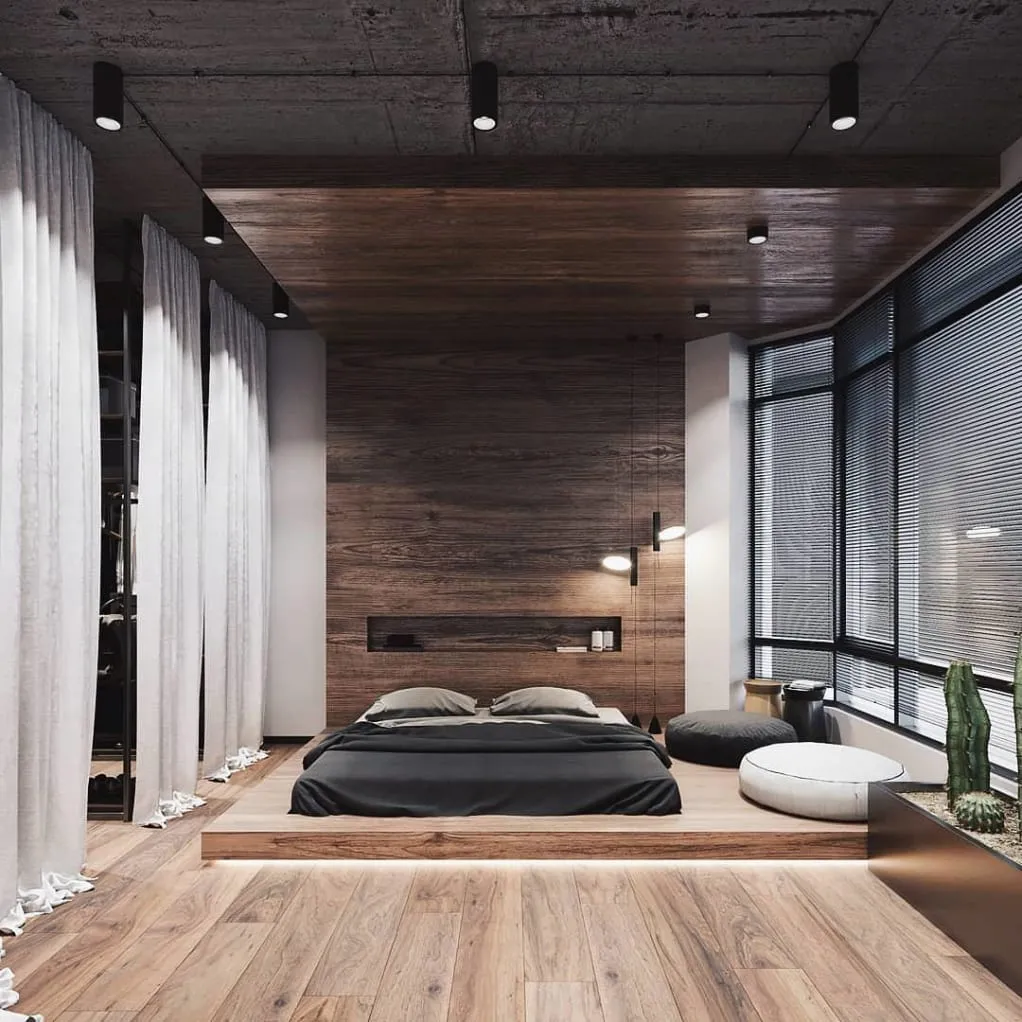 Wooden-Feature-Wall-Low-Bed-on-Raised-Platform-City-Pad