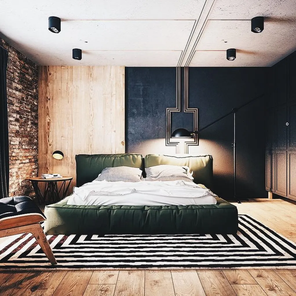 Mixed-Exposed-Brick-Wooden-Cement-Concrete-Wall-in-Bedroom