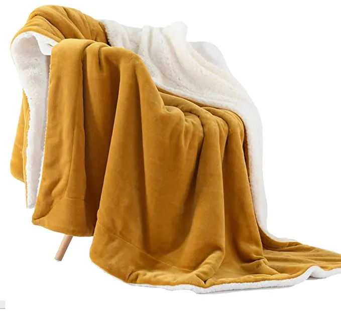 Reversible Sherpa Throw in Mustard Yellow and White