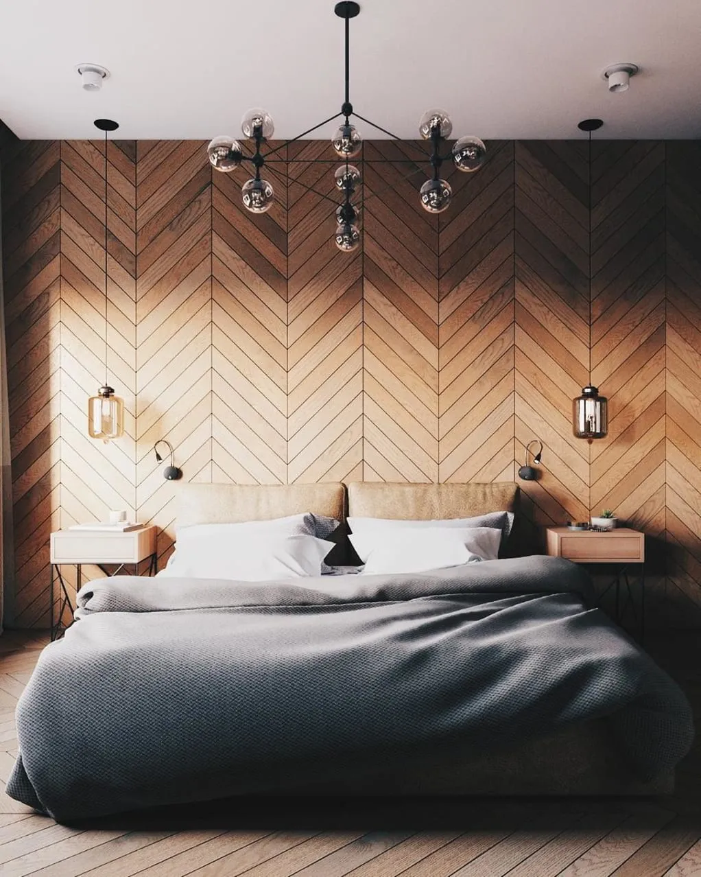 Geometric-Wall-with-Wall-Mounted-Lamps-Modern-Bedroom