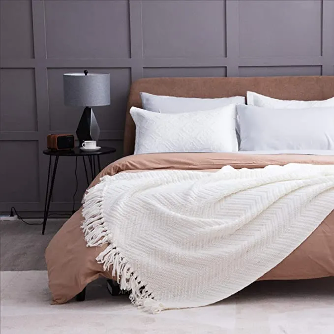 Textured Knit Woven Blanket on Bed