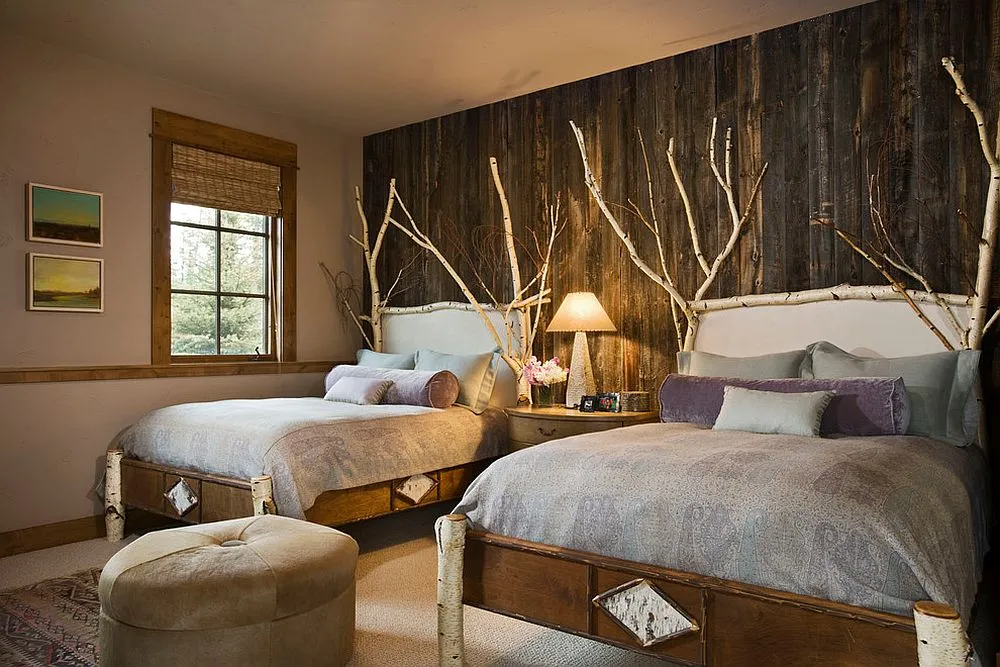 Birch-wood-and-reclaimed-wood-wall-for-comfy-rustic-bedroom
