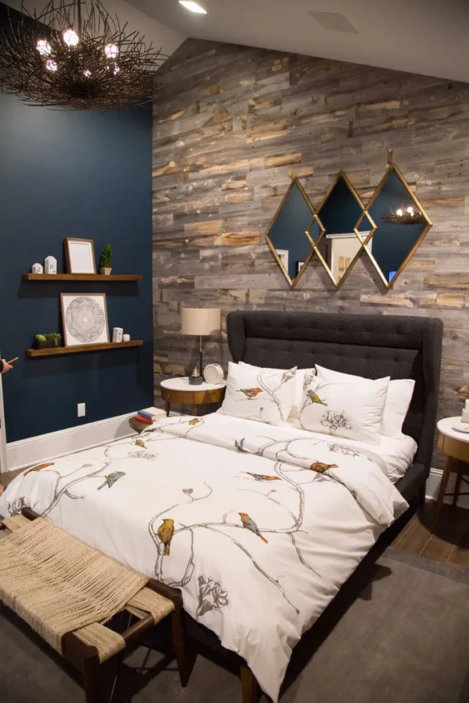 Loft room with dark painted walls and wood effect wall accent