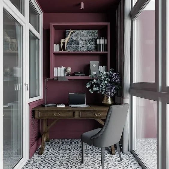 Medium-Closed-Balcony-Vintage-Style-Desk-Tiles-Purple-Wall