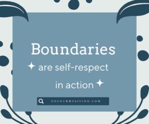 Image: Blue box on grey background with dark blue curves and large dots. Text: Boundaries are self-respect in action