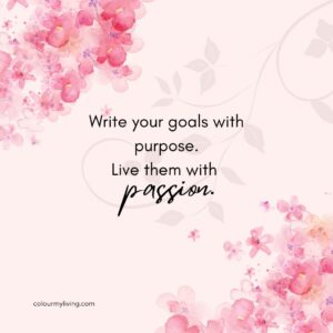 Background: Light pink background with watercolour cherry blossoms at top left and bottom right of square box. Text: Write your goals with purpose. Live them with passion.