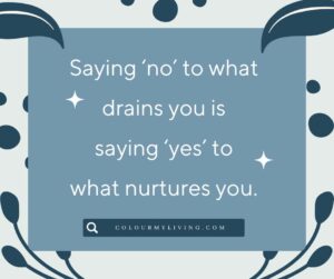 Image: Blue box on grey background with dark blue curves and large dots. Text: Saying no to what drains you is saying yes to what nurtures you.