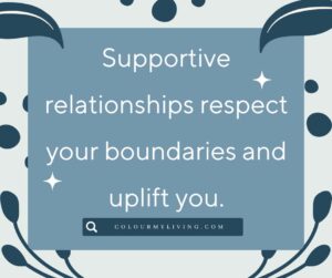 Image: Blue box on grey background with dark blue curves and large dots. Text: Supportive relationships respect your boundaries and uplift you.