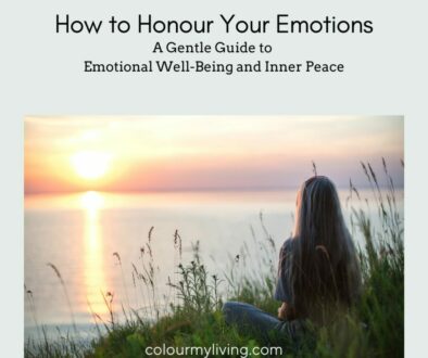 Text: how to honour your emotions: a gentle guide to emotional well-being and inner peace Image: Sillouhette of a girl facing the sunrise over a lake